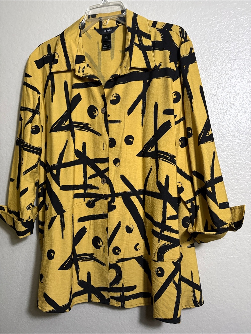 Ali Miles Yellow Button-Down Tunic with Black Abstract Print